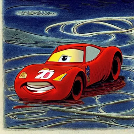 Prompt: lightning mcqueen william blake ancient of days on the raft of the medusa