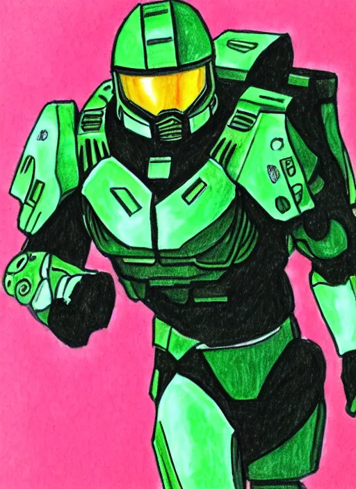 Prompt: green master chief drawn with markers on a pink background