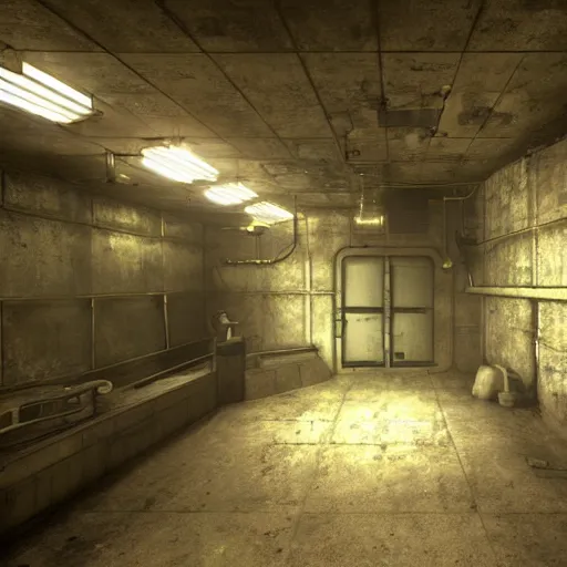 Prompt: fallout concept art vault - tec underground bunker metal walls interior render grim realistic lighting unreal engine 5