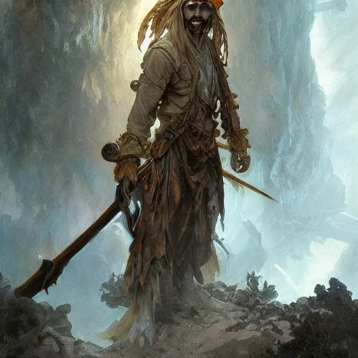 Image similar to ghostly decomposing male pirate, head and torso, standing in a grotto holding a sword, intricate, elegant, highly detailed, digital painting, artstation, concept art, smooth, sharp focus uhd 8 k, art by artgerm and greg rutkowski and alphonse mucha ”