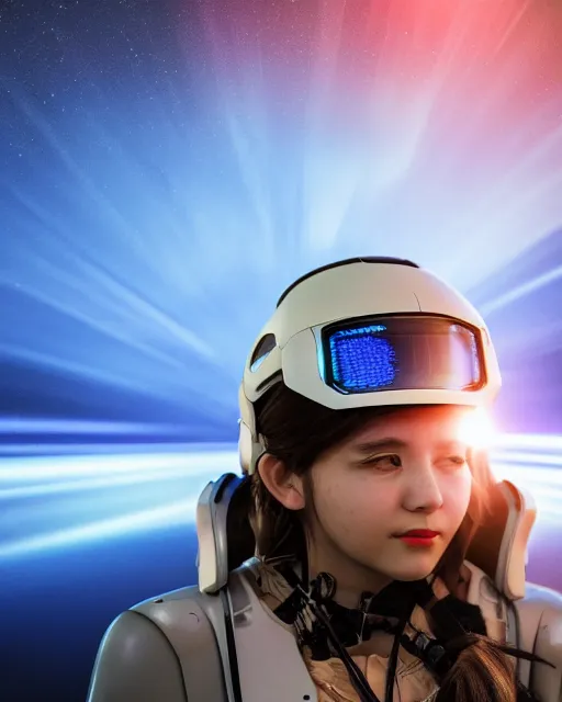 Image similar to centered medium shot fine studio photograph of a beautiful girl wearing only a mecha electronic native Apache helmet with bright lights, ultra-realistic, white background, 8k HDR sunset lit, intricate