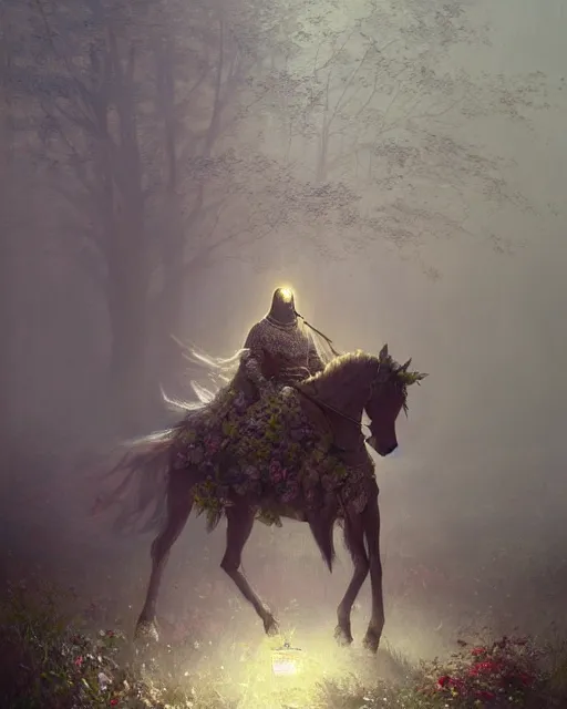 Image similar to Hyper realistic oil painting of a knight covered in flowers, fog, volumetric lighting, nighttime, moonlight, creepy, by greg rutkowski