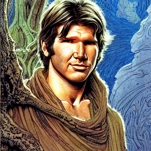 Image similar to a realistic, very beautiful and atmospheric portrait of young harrison ford as a druidic warrior wizard looking at the camera with an intelligent gaze by rebecca guay, michael kaluta, charles vess and jean moebius giraud