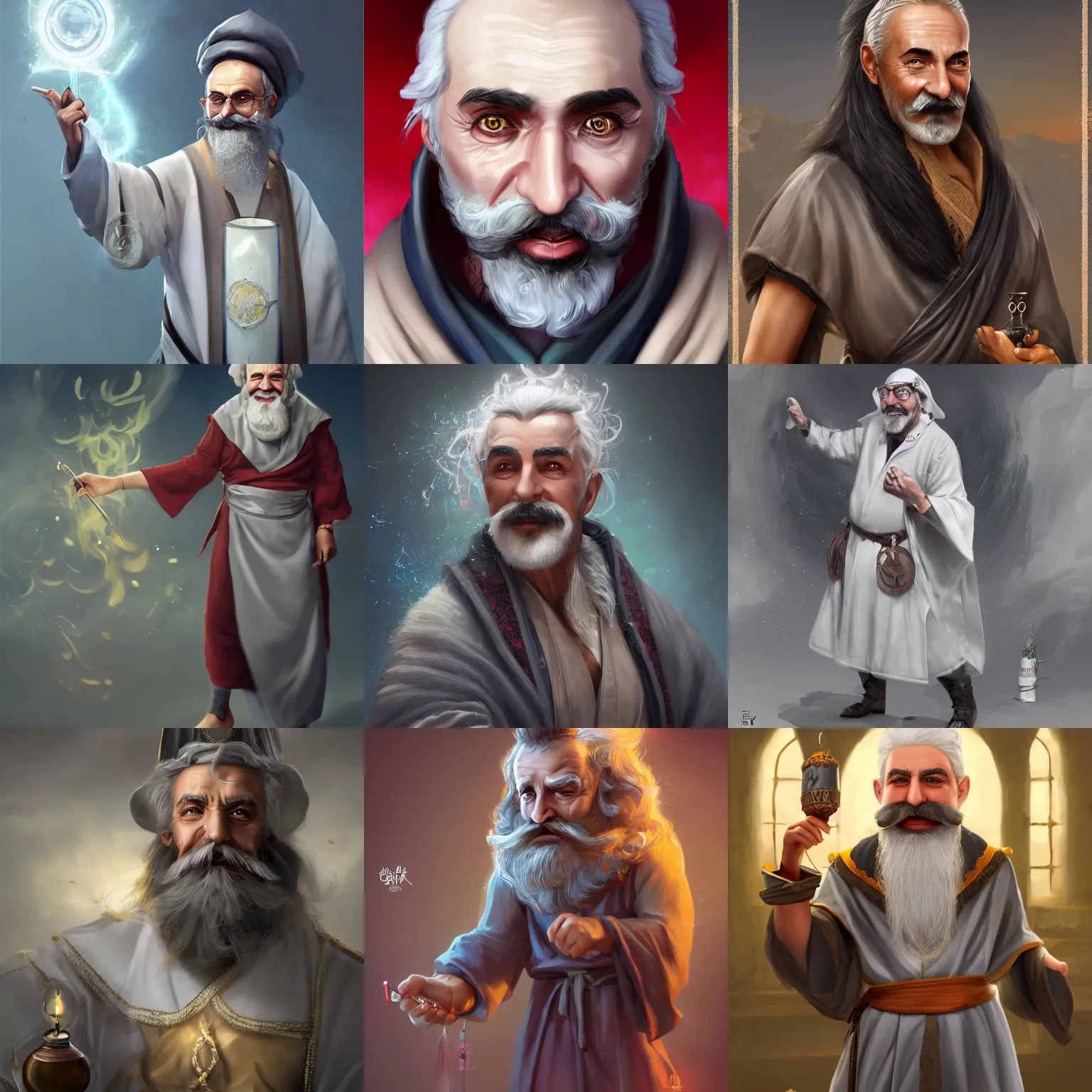 Prompt: ozker balian, a cheerful turkish alchemist wearing shiny robes, wild grey hair, bushy moustache, digital matte painting, character art, cgsociety, artstation, artgerm