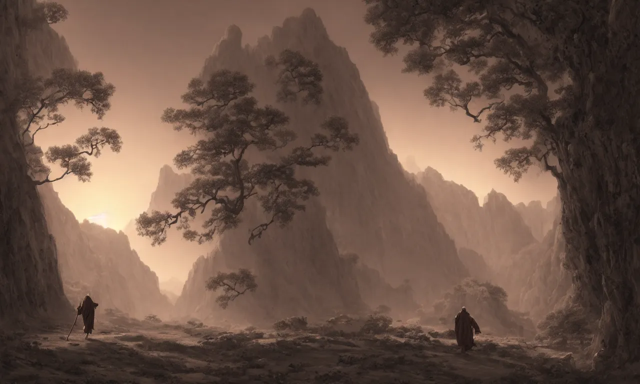 Prompt: one lonely taoist monk walking with a stick and a long red robe blown by the dusty wind through mountainous canyons, a few wretched dry trees hanging, lit by the light of the sunset, glimmer of the horizon in the far distance, a place abandoned by gods, hyperdetailed artstation cgsociety by greg rutkowski and by Gustave Dore