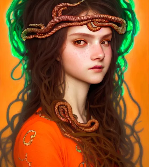 Image similar to portrait of teenage medusa, snake hair, naughty smile, wearing an embroidered orange tunic, intricate, sensual, elegant, copper and emerald jewelry, glowing lights, seductive, highly detailed, digital painting, artstation, concept art, smooth, sharp focus, illustration, art by wlop, mucha, artgerm, and greg rutkowski