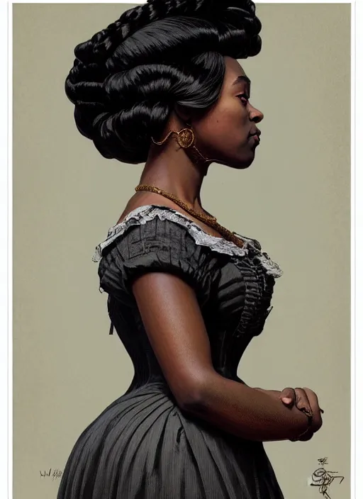 Image similar to 3 / 4 view of a portrait of a black woman in victorian clothing, confident pose, intricate, elegant, sharp focus, illustration, highly detailed, concept art, matte, trending on artstation, anime, art by james jean and artgerm and brian despain and alberto mielgo, greg rutkowski, wlop, ilya kuvshinov, strong strokes