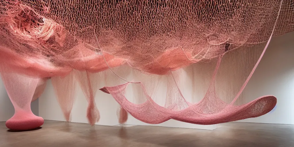 Image similar to soft biomorphic tactile structures out of stocking - like material and nets that fills with various objects like spices, sand and rocks by ernesto neto, light - mint with light - pink color