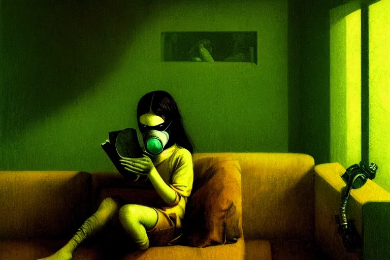 Image similar to girl with wearing a gas mask lying on the sofa reading a book in her room, in the style of beksinski, futuristic, naturecore, atmospheric, intricate and epic composition, green by caravaggio, insanely quality, highly detailed, masterpiece, white light, artstation, 4 k