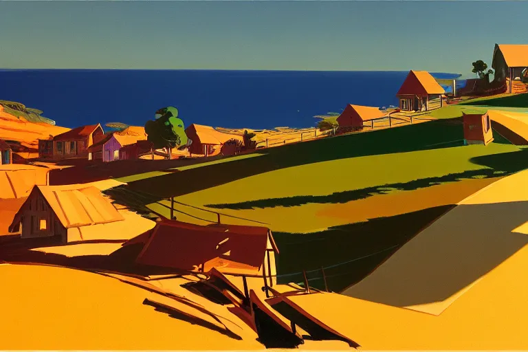 Prompt: a small village on top of a hill near the sea, painted by Syd Mead, Low key lighting, ultra detailed, 8k