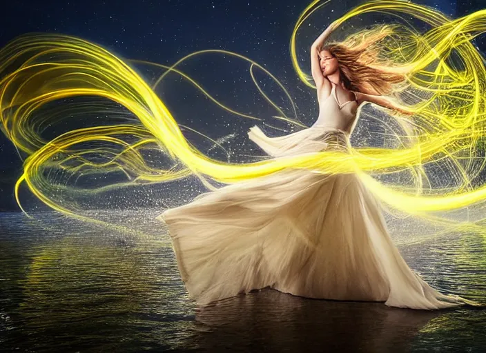 Image similar to an elegant goddess with luminous hair, flowing lightpainting swirling around her, highly detailed, photorealistic, surrounded by lake, reflections, smooth, sharp focus, ultrawide, art by lindsay adler and dani olivier and michael bosanko