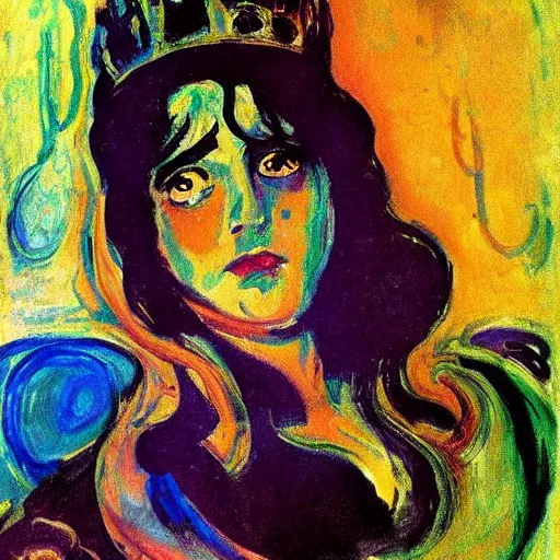 Prompt: queen of the dreamlands, beautiful! coherent! by edvard munch, by frank frazetta, deep colors, strong lines, high contrast