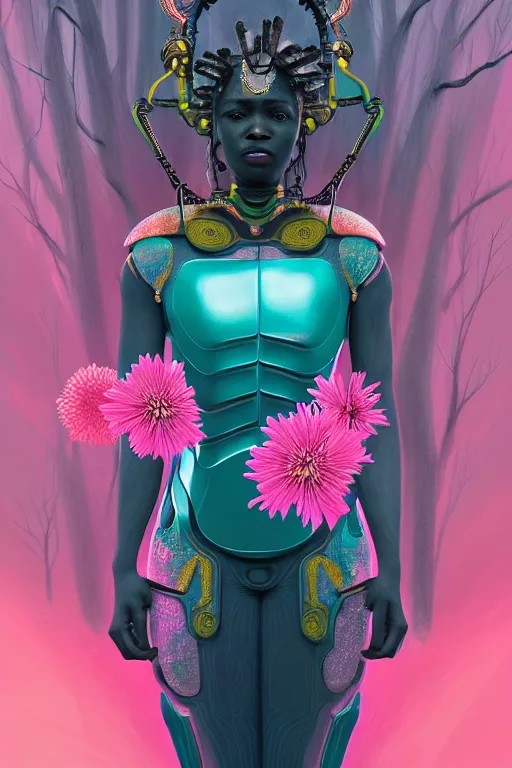 Image similar to illustration neo - victorian cinematic super expressive! yoruba goddess with exoskeleton armor, merging with tree in a forest, pink yellow flowers, highly detailed digital art masterpiece, smooth etienne sandorfi eric zener dramatic pearlescent soft teal light, ground angle hd 8 k, sharp focus