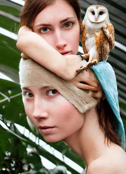 Image similar to amazing portrait photograph of beautiful young female model, symmetric face, symmetric eyes, slight smile, natural light,wearing a yellow kimono with a very detailed barn owl on her shoulder!!! in a tropical greenhouse. looking at the camera!!. super resolution. Extremely detailed. art by Rineke Dijkstra.