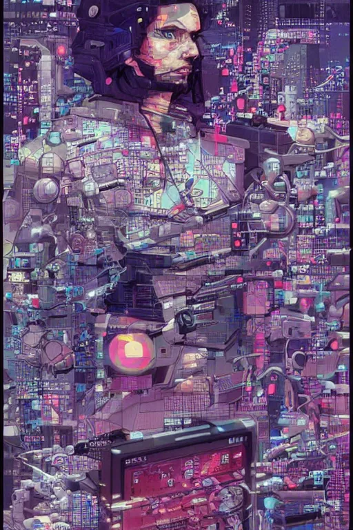 Prompt: 1 9 8 9 portrait of a japanese netrunner jacked into a cyberdeck. highly detailed masterpiece art by josan gonzalez.