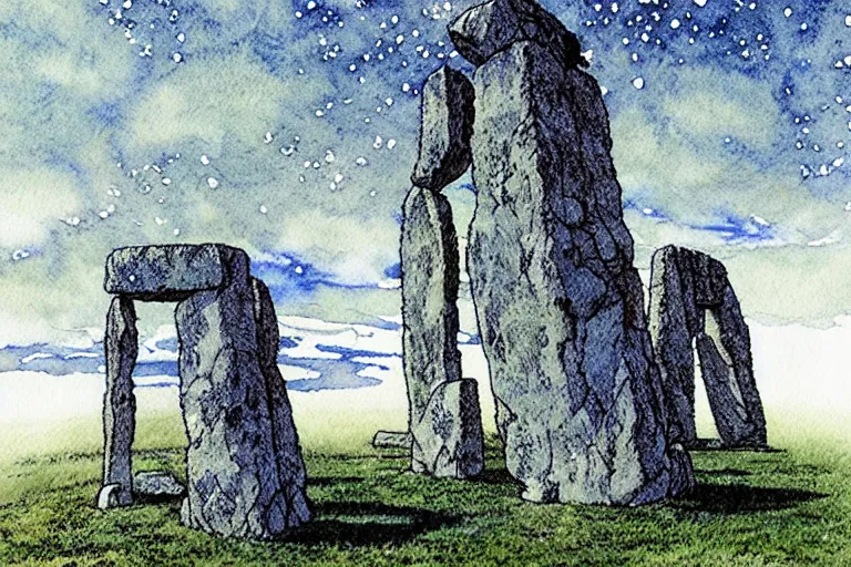 Image similar to hyperrealist studio ghibli watercolor fantasy concept art of a 1 0 0 ft. giant sitting on stonehenge. it is a misty starry night. by rebecca guay, michael kaluta, charles vess