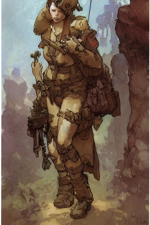 Prompt: pencil sketch of cute soldier girl by marc simonetti and brian froud and Mike Mignola and Alfons Maria Mucha and peter mohrbacher, hyperdetailed