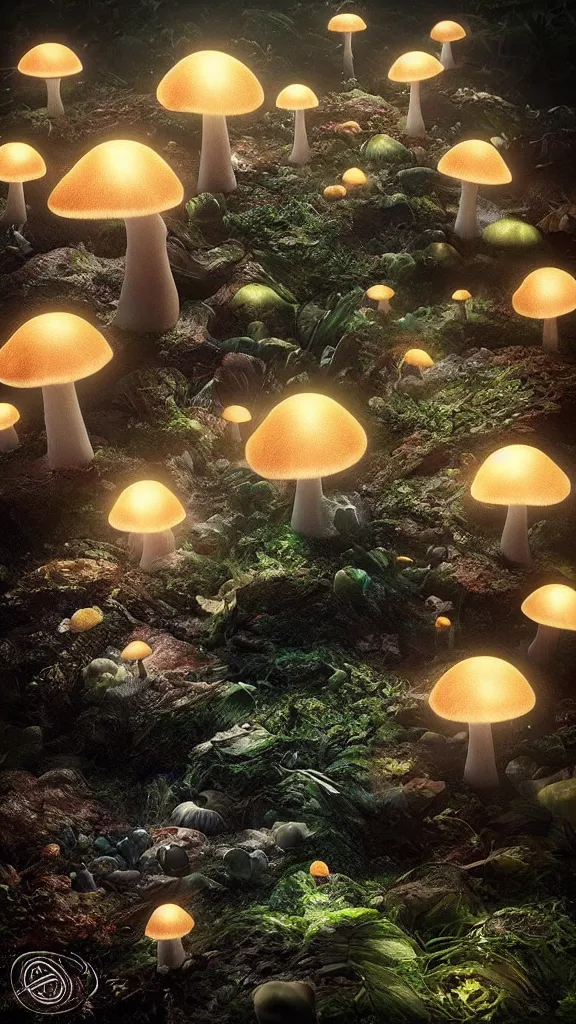 Image similar to “bioluminescent mushrooms, Artstation HQ, photorealistic, hiperrealistic, sharp focus, 4k UHD, Unreal Engine 5, cinematic shot, cinematic lightning, dark tones, high contrast, intricate, masterpiece”