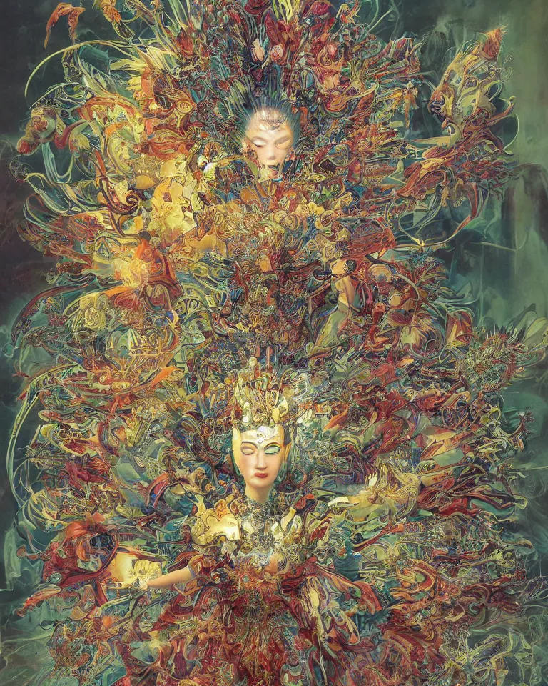 Image similar to chinese sunflower goddess - complex and hyperdetailed divine dress design. reflection and dispersion materials. rays and dispersion of light. volumetric light. f / 3 2. noise film photo. flash photography. ultra realistic, 5 0 mm. poster by wayne barlowe, hajime sorayama aaron horkey, craig mullins