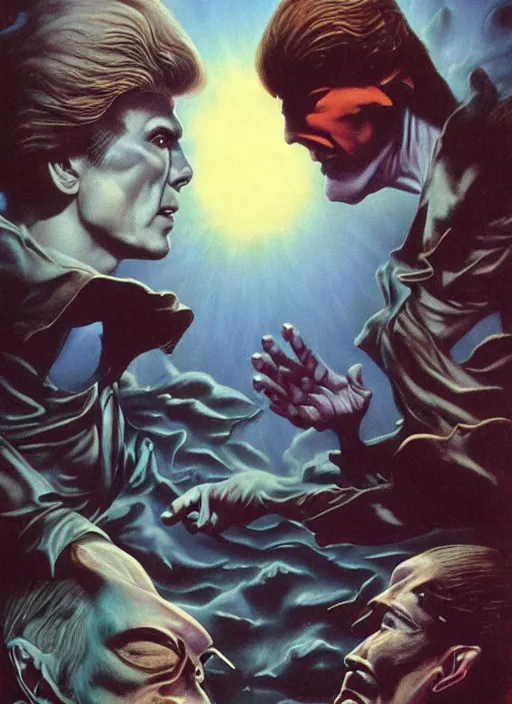 Prompt: twin peaks poster art, david bowie fighting his doppelganger gemini good and evil fantasy by, wayne barlowe, boris vallejo, aaron horkey, gaston bussiere, craig mullins, old retro pulp, by michael whelan, rossetti bouguereau, artgerm, nostalgic, old fashioned