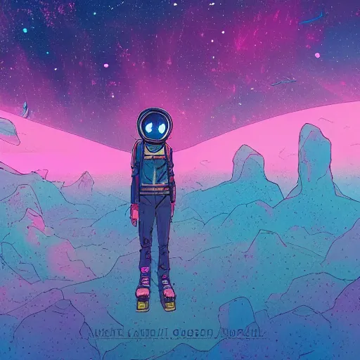 Prompt: a futuristic wanderer gazing into a universe full of mystical colorful light nebulae and galaxies, studio ghibli color scheme, in the style of caspar laurie greasley