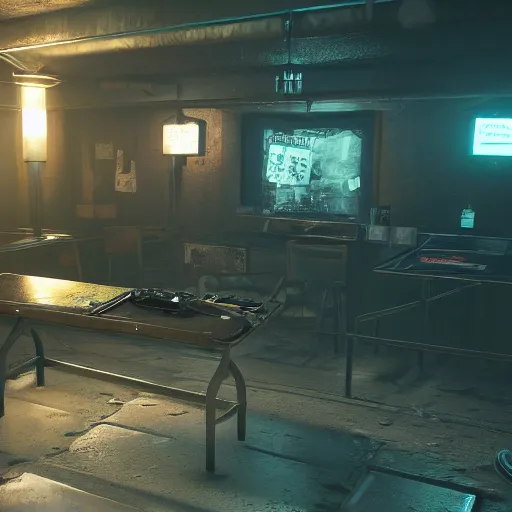 Image similar to ripper doc surgery table. underground. lowlight. diffuse ambience. darkness Cyberpunk 2077. CP2077. 3840 x 2160