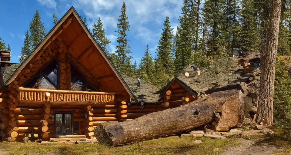 Prompt: an outside look of a log and stone cabin in a taiga with a view of two mountains with a valley in-between, 8k, cinematic, hyper-detailed, imax quality