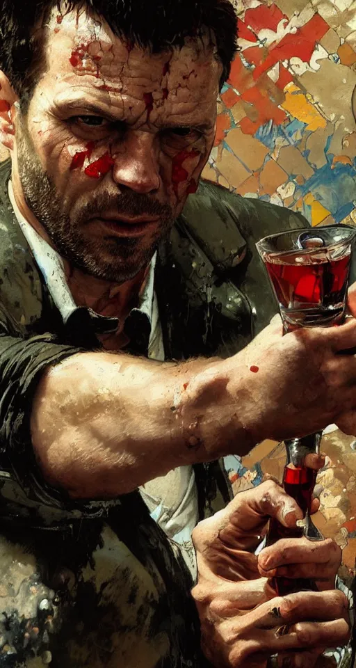 Image similar to close up of bloodied max payne pouring vodka, sun shining, photo realistic illustration by greg rutkowski, thomas kindkade, alphonse mucha, loish, norman rockwell.