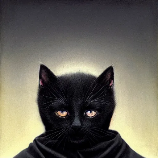 Image similar to a portrait of a kitten wearing a black hood, cloak covering face, anatomically correct, beautiful perfect face, enigmatic, oil painting, matte, black background, Volumetric dynamic lighting, Highly Detailed, Cinematic Lighting, Unreal Engine, 8k, HD, by Beksinski