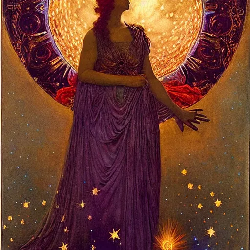 Image similar to the queen of the moon and the stars in full regalia, by Annie Swynnerton and Tino Rodriguez and Maxfield Parrish, elaborately costumed, rich color, dramatic cinematic lighting, extremely detailed