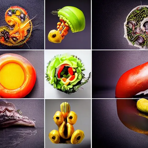 Image similar to strange and disgusting food, that is also futuristic, professional food photography