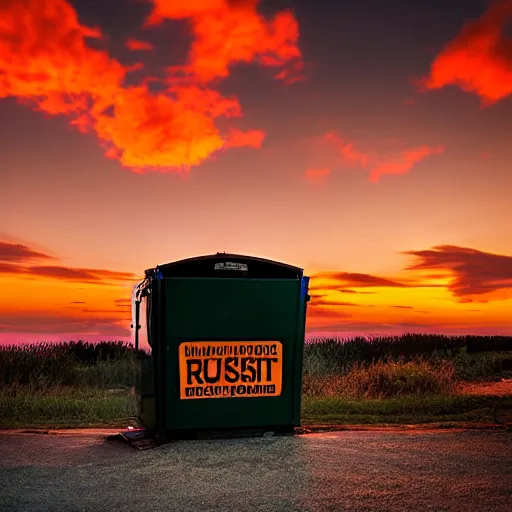 Image similar to a beautiful sunset over a flaming dumpster, landscape photography, award - winning, amazing details,