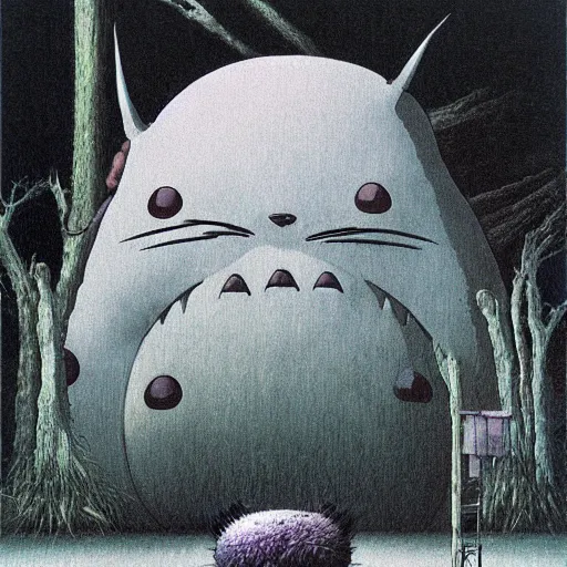 Prompt: Totoro, Studio Ghibli, Zdzisław Beksiński