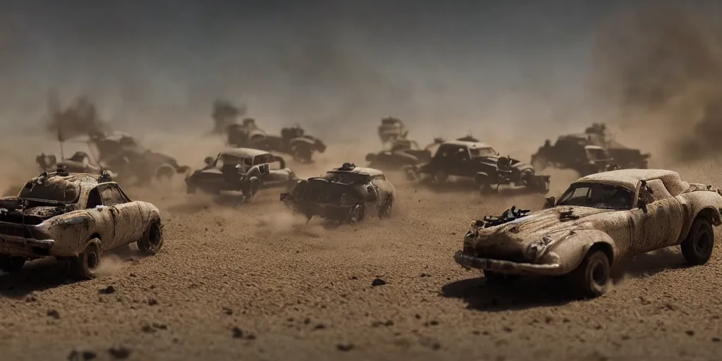 Prompt: needle felt of car chase scene from fury road ( 2 0 1 5 ), tilt shift, action shot, explosions, dust, detailed textures, dramatic light, god rays