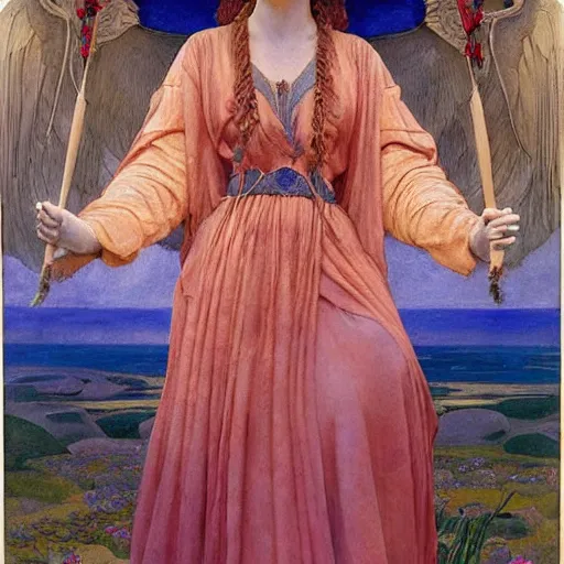 Image similar to princess of the dawn, by annie swynnerton and charlie bowater and diego rivera and nicholas roerich and jean delville and evelyn de morgan, dramatic lighting, brocade robes, elaborate floral ornament, rich colors, smooth sharp focus, extremely detailed, donato giancola, adolf wolfli