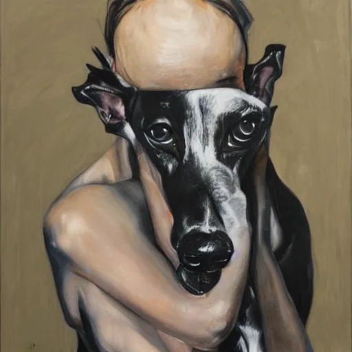 Image similar to woman with black greyhound, by jenny saville. dark atmosphere