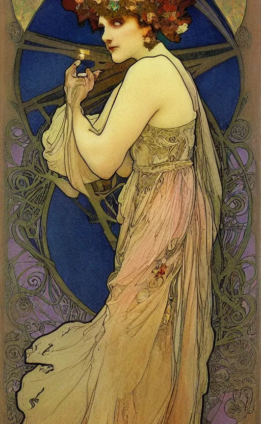 Image similar to the fool, tarot, beautiful border, by alfons maria mucha, highly detailded