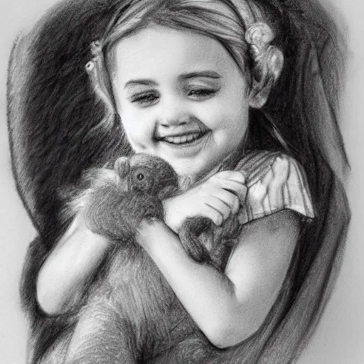 Prompt: pencil sketch, little girl holding a monkey teddy, cute, portrait