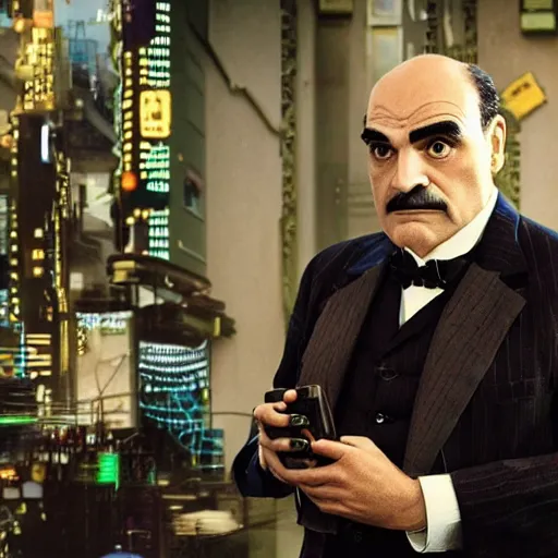 Image similar to david suchet's poirot as cyberpunk