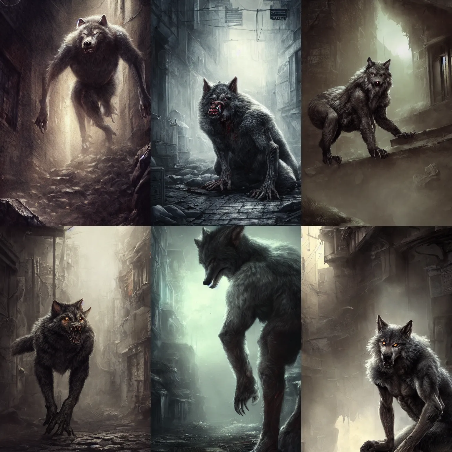 Prompt: medium shot of a ultra realist and ultra intricate detailed soft painting of a werewolf, crouched over a bloody body in a dark alley, sensual gloomy style, volumetric clouds, artstation, unreal render, depth of field