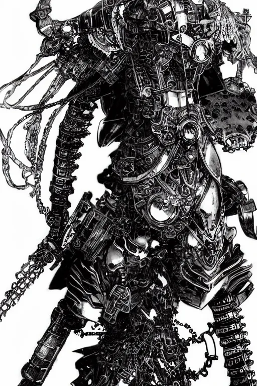 Image similar to a vertical portrait of a character by yoshitaka amano and nihei tsutomu, black and white, dreamy, steampunk armor, highly detailed