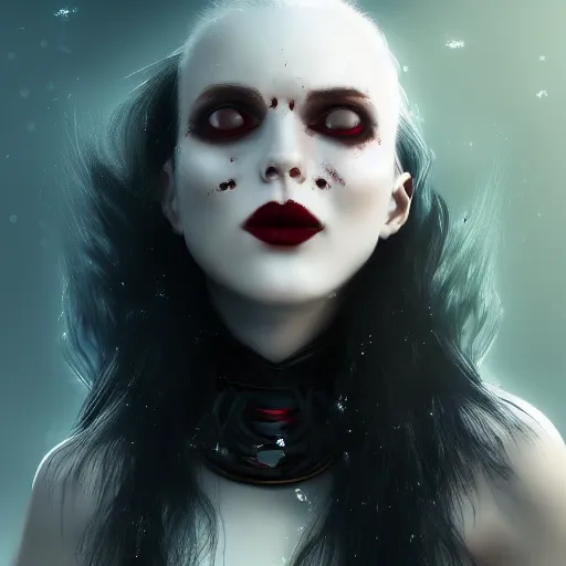 Image similar to Portrait of a pale white vampire woman with bright glowing strands of hair, dark black hair, blood dripping from her fangs,, posing ready for a fight, artstation, cgsociety, masterpiece, dark fantasy