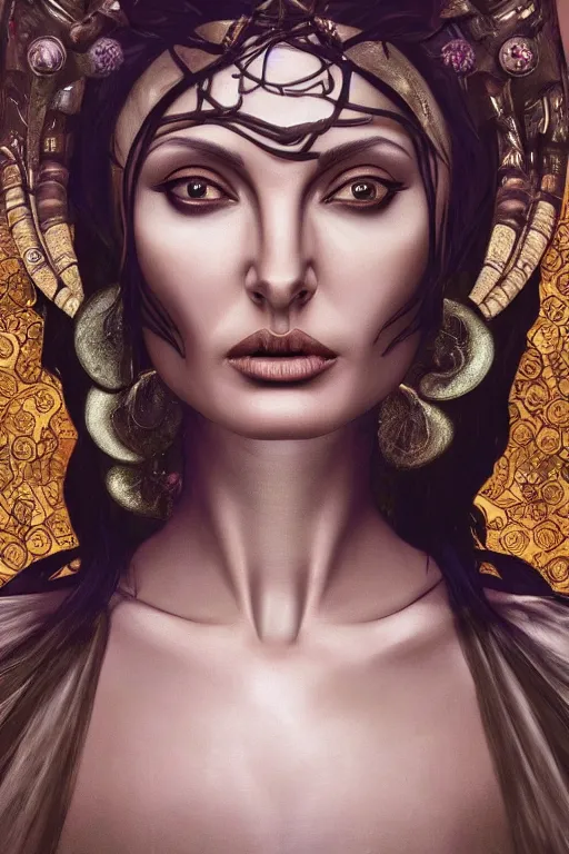 Image similar to a realistic dark photo of a beautiful ancient alien woman goddess angelina jolie in jewelery and fractals in style of alphonse mucha art nuvo dmt trending on artstation made in unreal engine 4