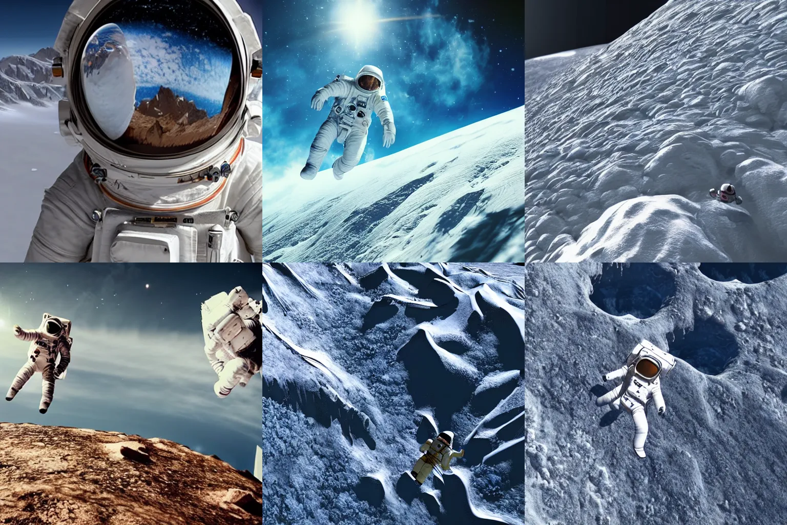 Prompt: an astronaut falling into an endless pit in alps snowy mountain, cinematic close up shot, 3d animated family film