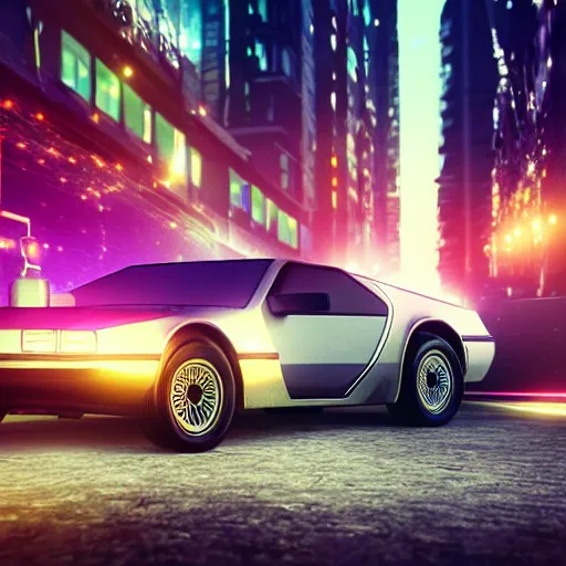 Image similar to digital art of a futuristic neon city sharp photorealistic octane render, bokeh in the background only, a in futuristic delorean hover in the foreground, deep perspective