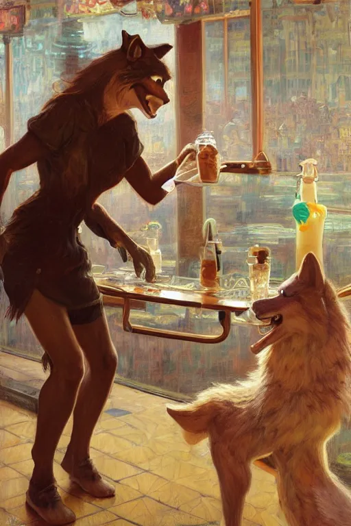 Image similar to a female anthro wolf serving milkshakes as a waitress, 5 0's diner, 4 k, furaffinity, furry art, trending on artstation, very expressive face, by gaston bussiere, craig mullins, sakimichan, gustav klimt, artgerm, greg rutkowski, alphonse mucha