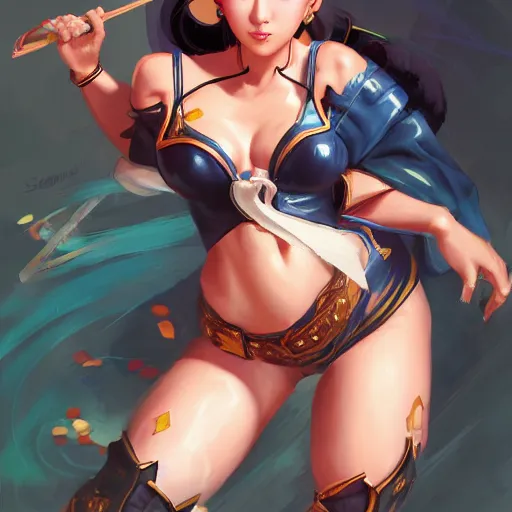 Image similar to portrait of Chun Li, League of Legend illustration by Sam Youn:3, profile picture by Gil Elvgren:3, asymmetrical, Organic Painting, Ambient Occlusion:3, Matte Painting, bold shapes, hard edges, street art, trending on artstation, realistic:2 by Sachin Teng:5