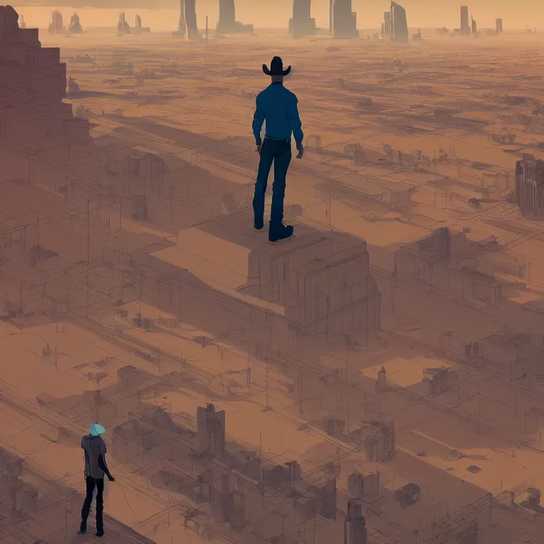 Prompt: a cowboy standing alone in the desert looking out at futuristic city far away in the distance by tomer hanuka and beeple and chester don powell, epic scale, dramatic composition, sharp focus, bold colors, 3 d shading, volumetric lighting, highly detailed, beautiful, masterpiece, rule of thirds