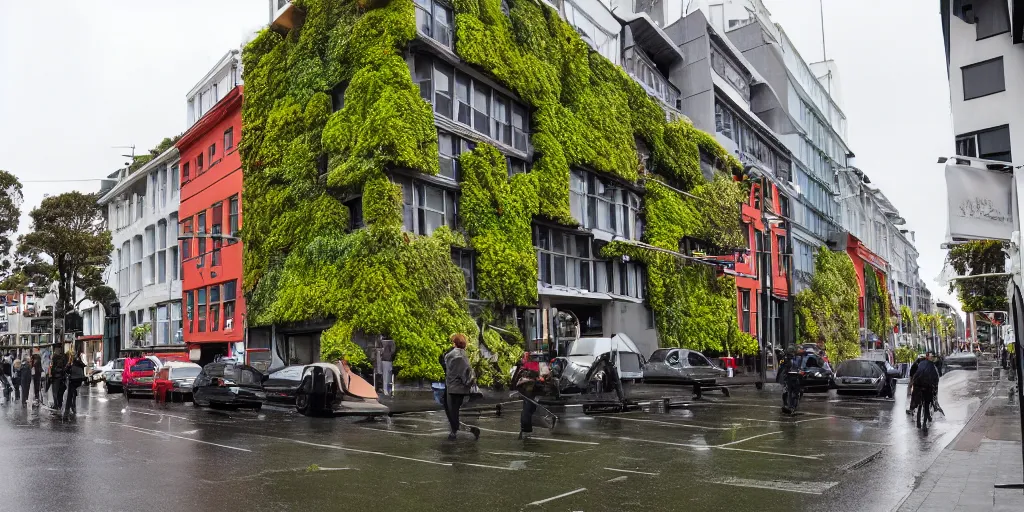 Image similar to a street in wellington new zealand where multiple buildings are covered in living walls made of endemic new zealand plant species. patrick blanc. people walking on street in raincoats. cars parked. windy rainy day. colonial houses