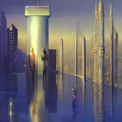 Image similar to detailed face of an arabic woman, tectonic cityscape, skydome, reactor, utopian, wet reflections, prism, atmospheric, ambient, pj crook, syd mead, livia prima, artgerm, greg rutkowski, nick alm, casey baugh